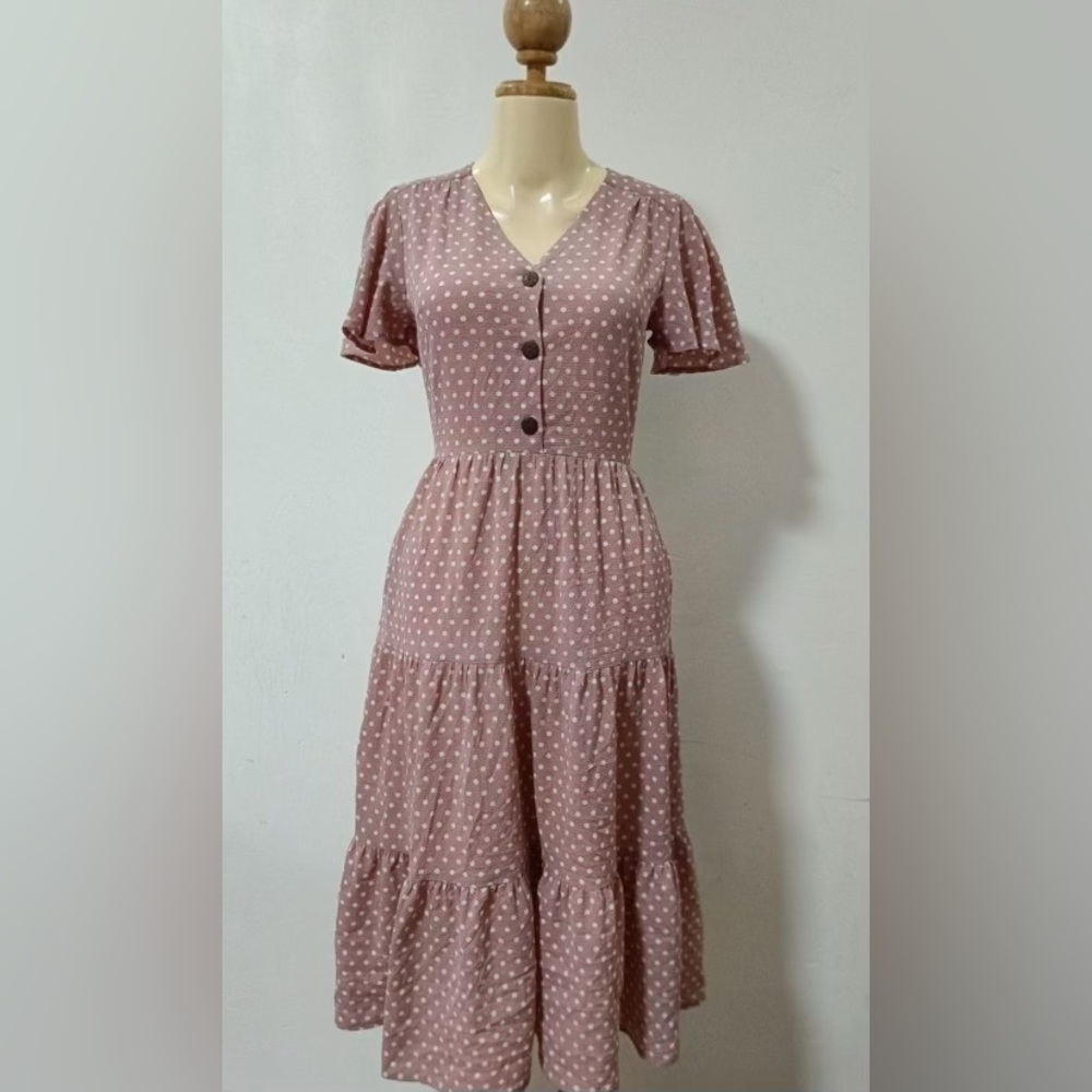 Monteau Women’s Pink and White Dress with side pockets - Size Small